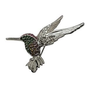 Vintage Hummingbird Brooch Multicolor Rhinestone Silver Tone
